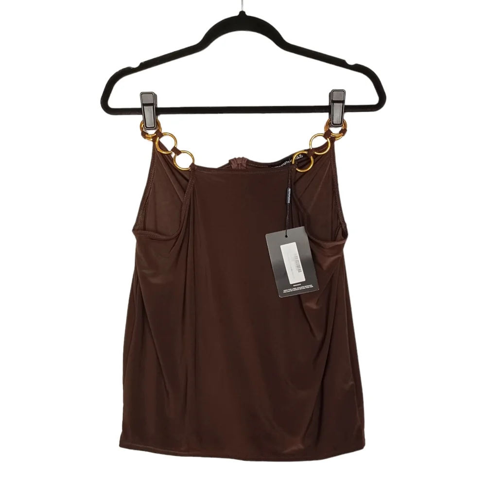 PRETTY LITTLE THING Brown Slinky Gold Ring Cut Out Waist Mini Skirt 10 M NWT